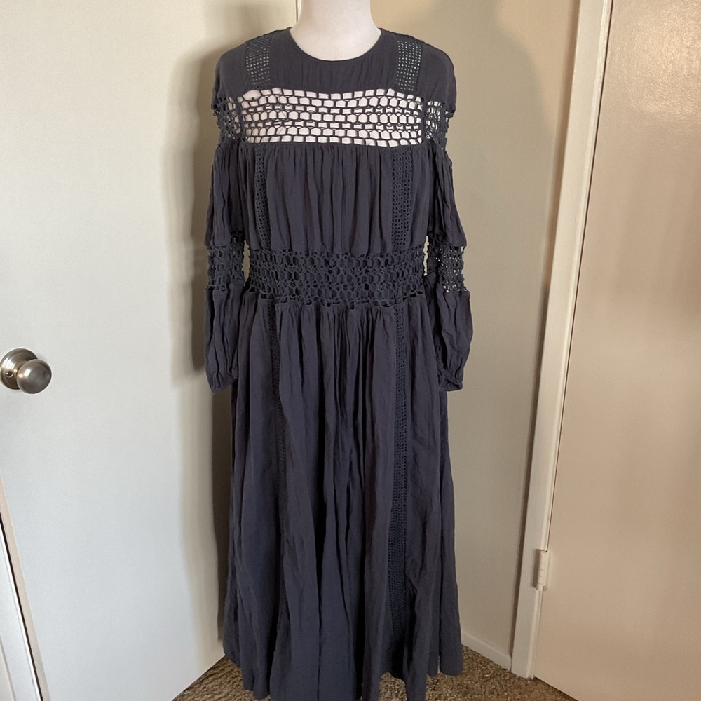 ASOS EDITION Charcoal Gray Crochet Trim Drop Waist Maxi Dress 4 Cotton Boho - Picture 2 of 10